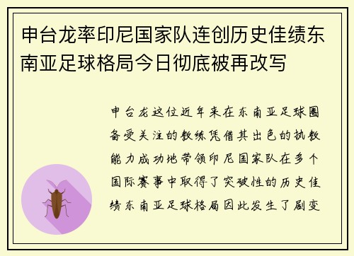 申台龙率印尼国家队连创历史佳绩东南亚足球格局今日彻底被再改写